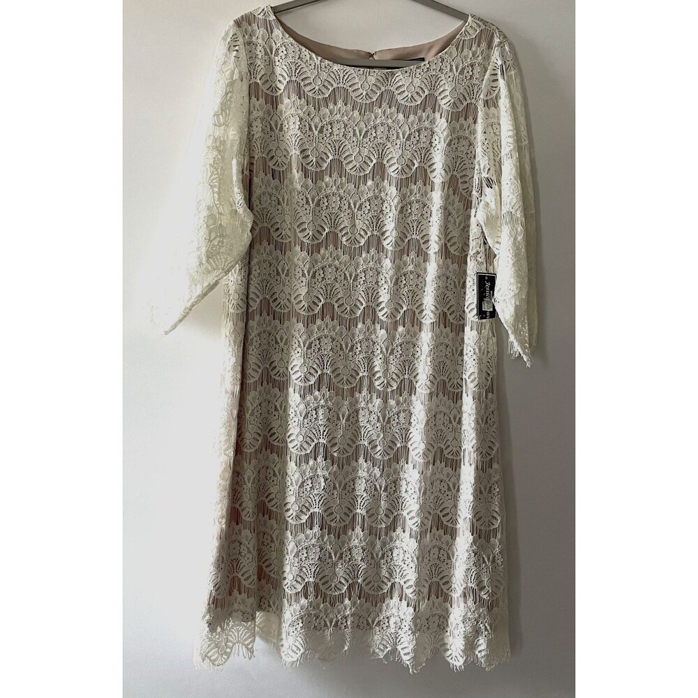 NWT Jessica Howard Lace Overlay Ivory 3/4 Bell Sleeve Shift Dress Size 18W